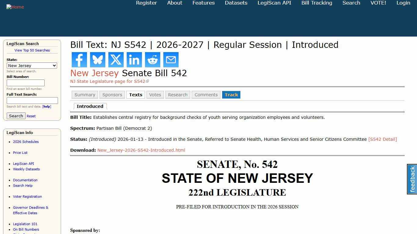 Bill Text: NJ S542 2026-2027 Regular Session Introduced LegiScan